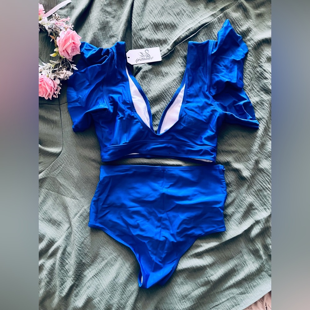 Vibrant Blue Ruffled & Ruched Maternity Bikini Set - Picture 4 of 6